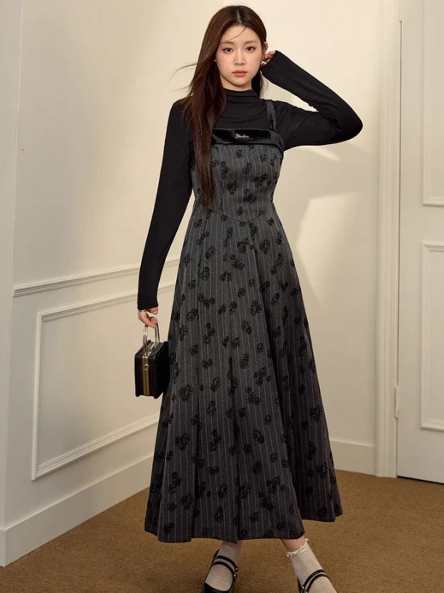 Elegance Noir Floral Velvet Embroidered Pinafore Dress