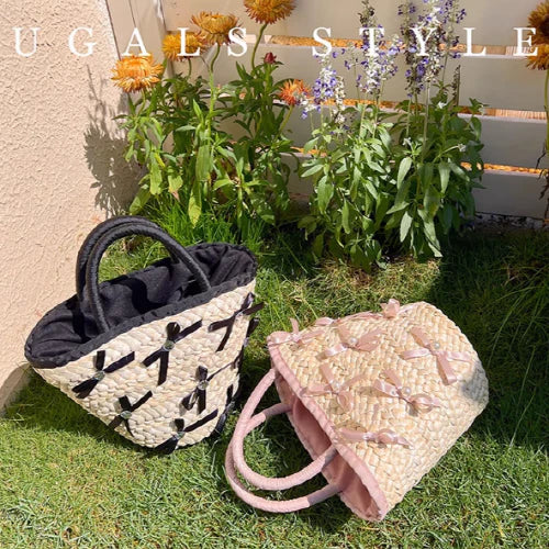 Summer Vacation Straw Ribbon Tote Bag