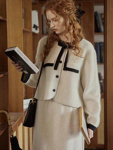 Elegant Wool Blend Ribbon Trim Knit Cardigan