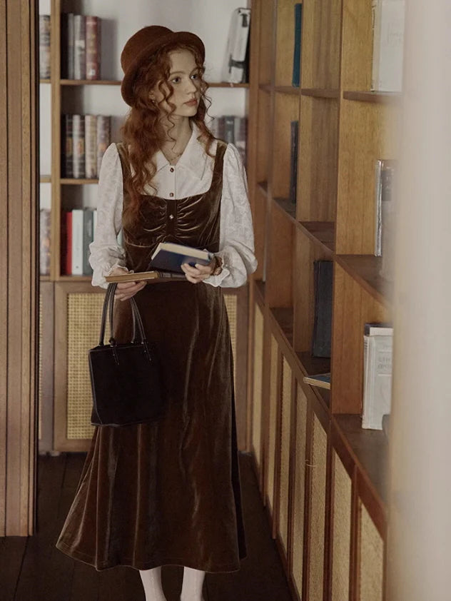 Earthy Velvet Button-Front Pinafore Dress