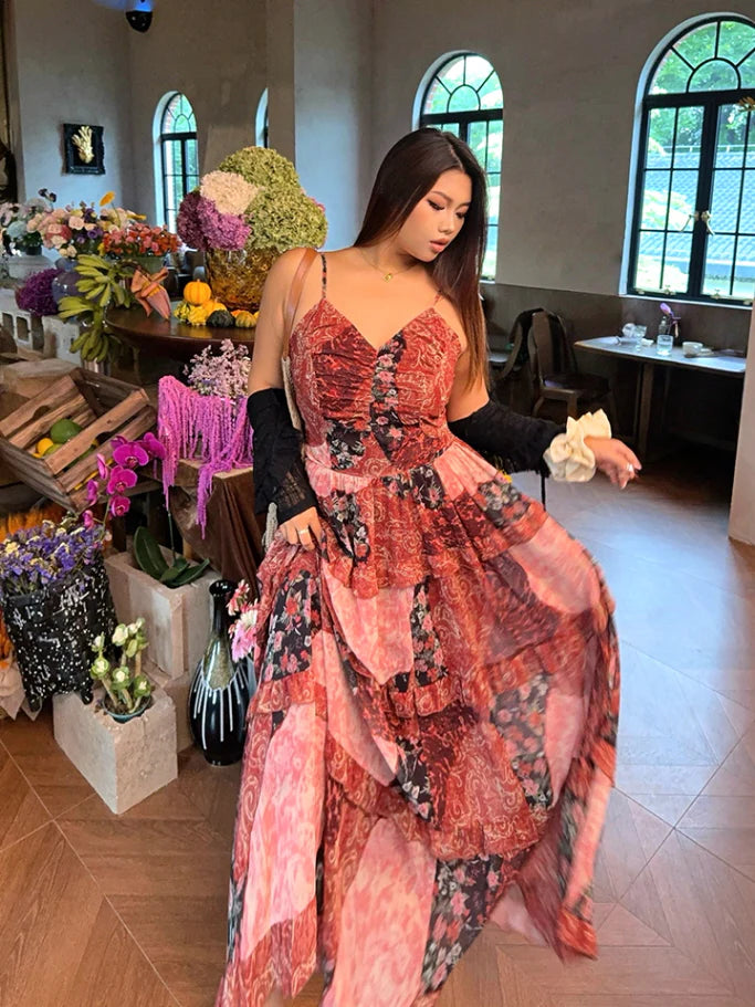 Rosy Patchwork Ruffle Maxi Dress