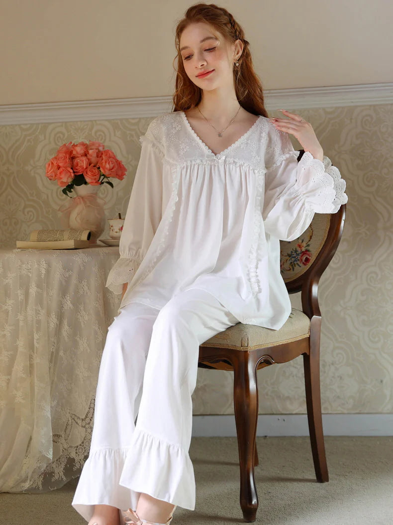 Floral Lace Trim Cotton Pajama Set