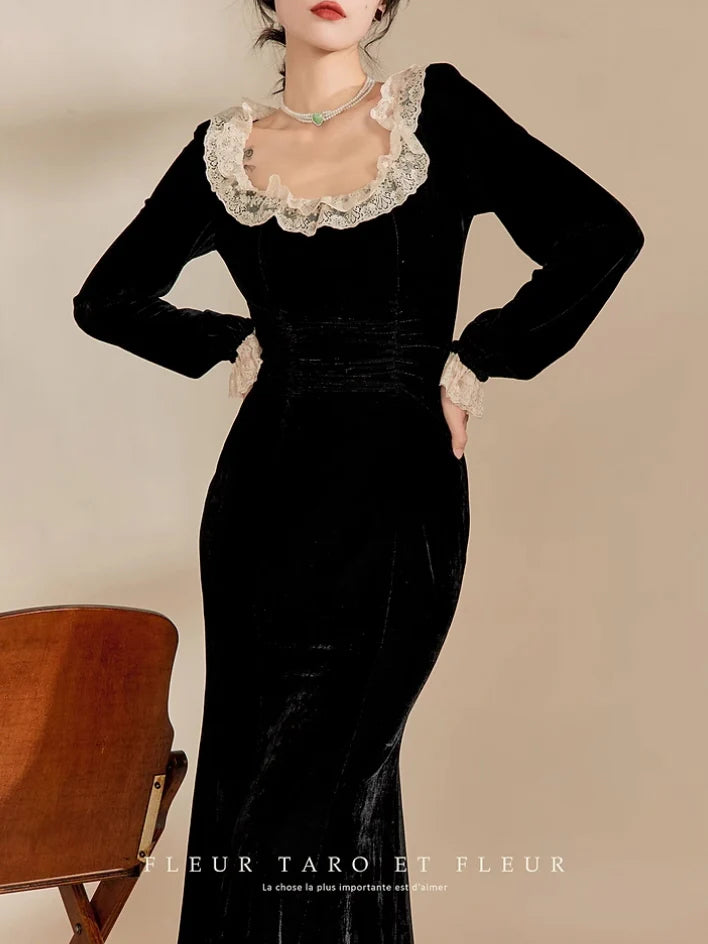 Vintage Noir Velvet Lace Dress