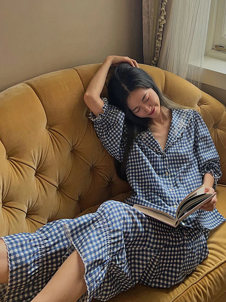 Navy Gingham Lace Collar Pajama Set