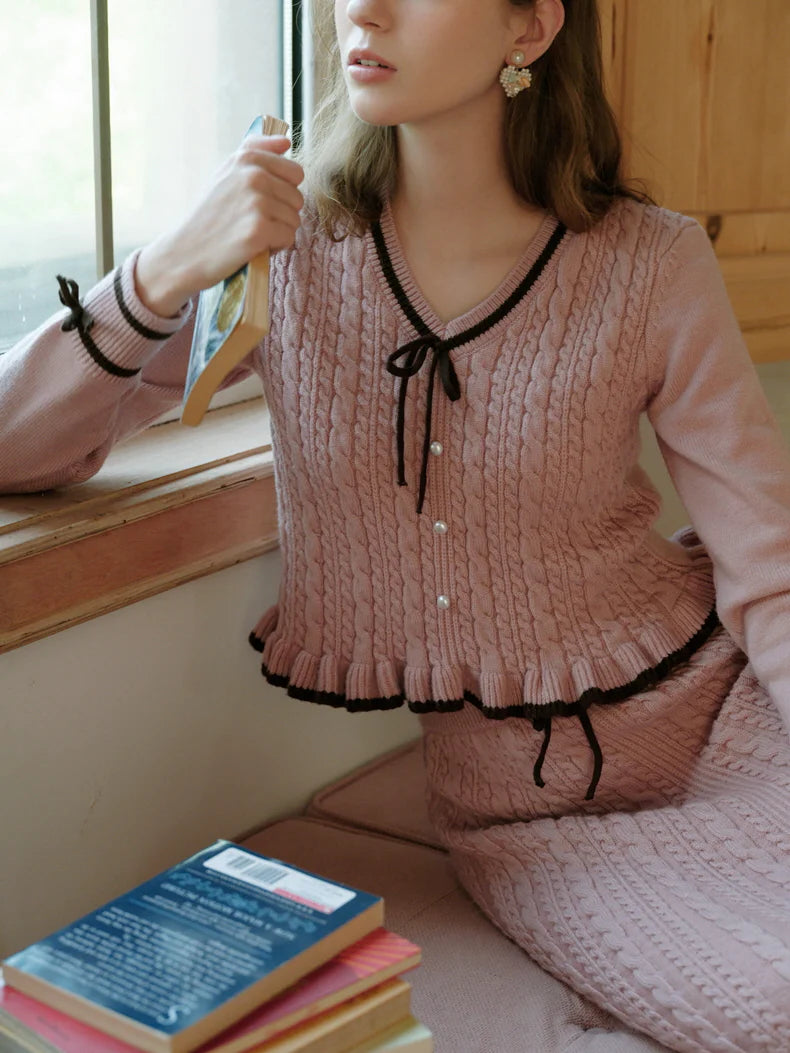 Ribbon Trim Ruffle Knit Cardigan