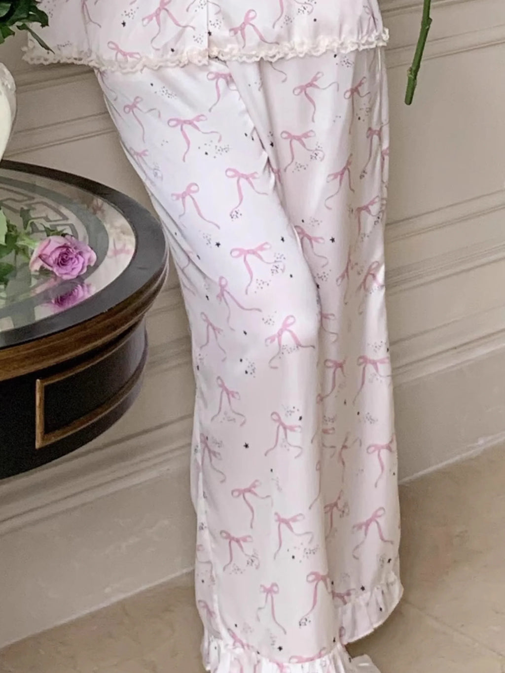 Pink Bow Charm Satin Pajama Set