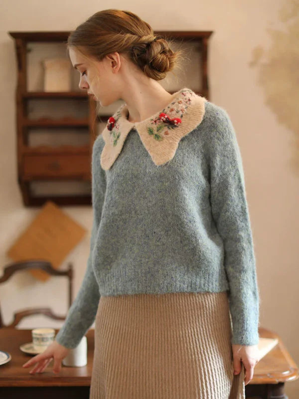 Floral-Collared Alpaca Sweater