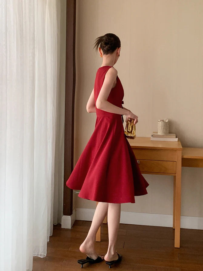 Double Ribbon Waist Classic Flare Dress
