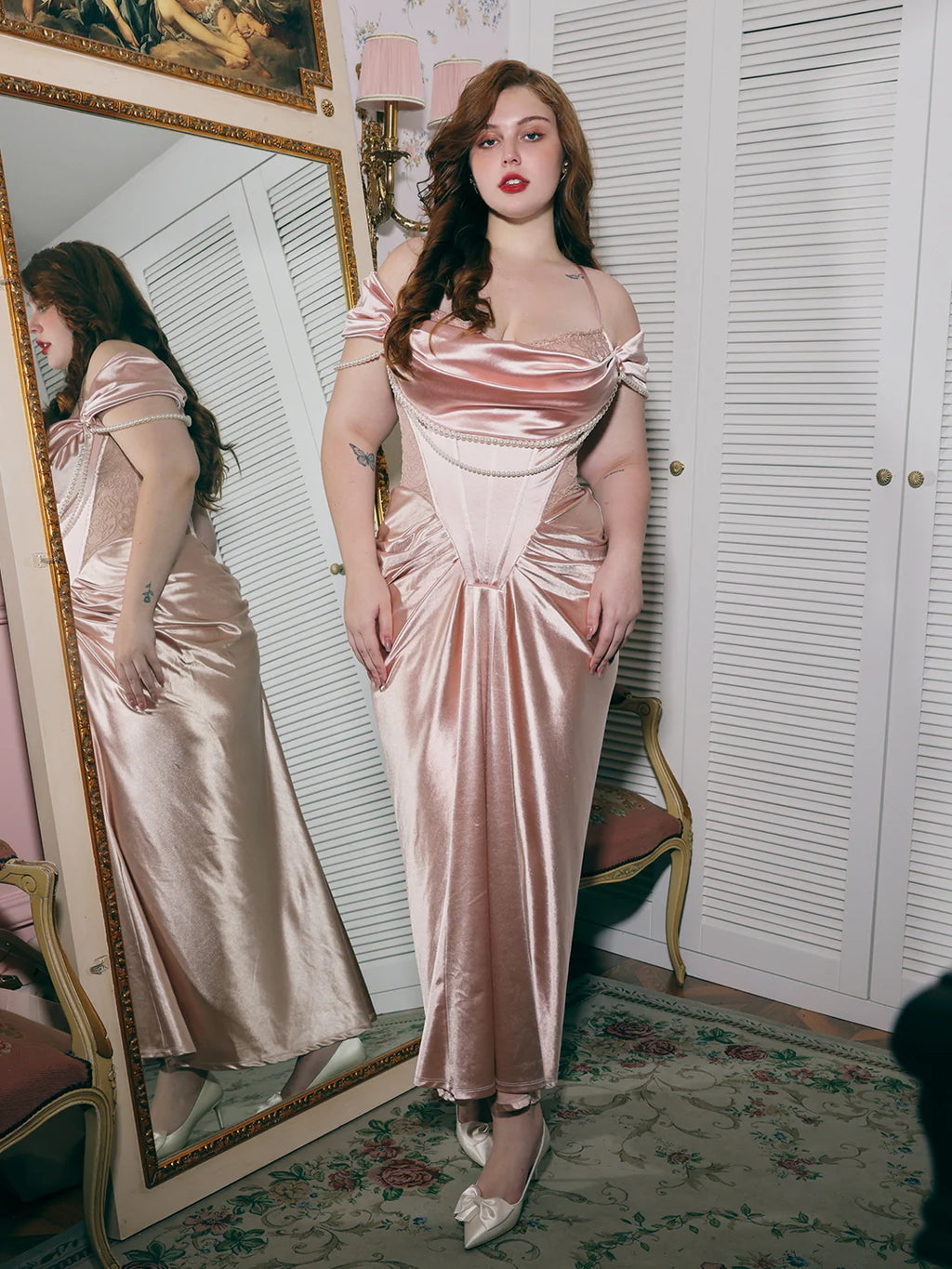 Opulent Pearl Drape Satin Corset Gown