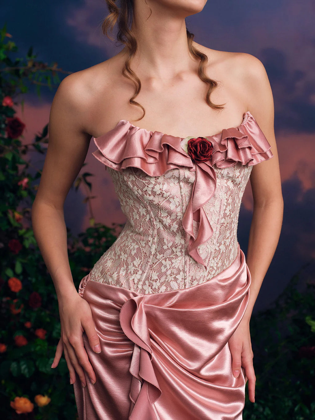 Rosette Corset Satin Rose Gown