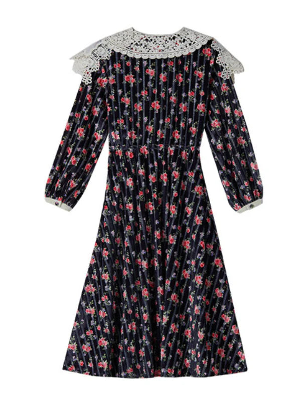Velvet Rose Lace Collar Cottagecore Dress