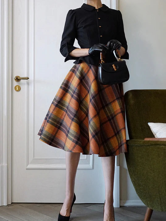 Vintage Autumn Wool Plaid Skirt