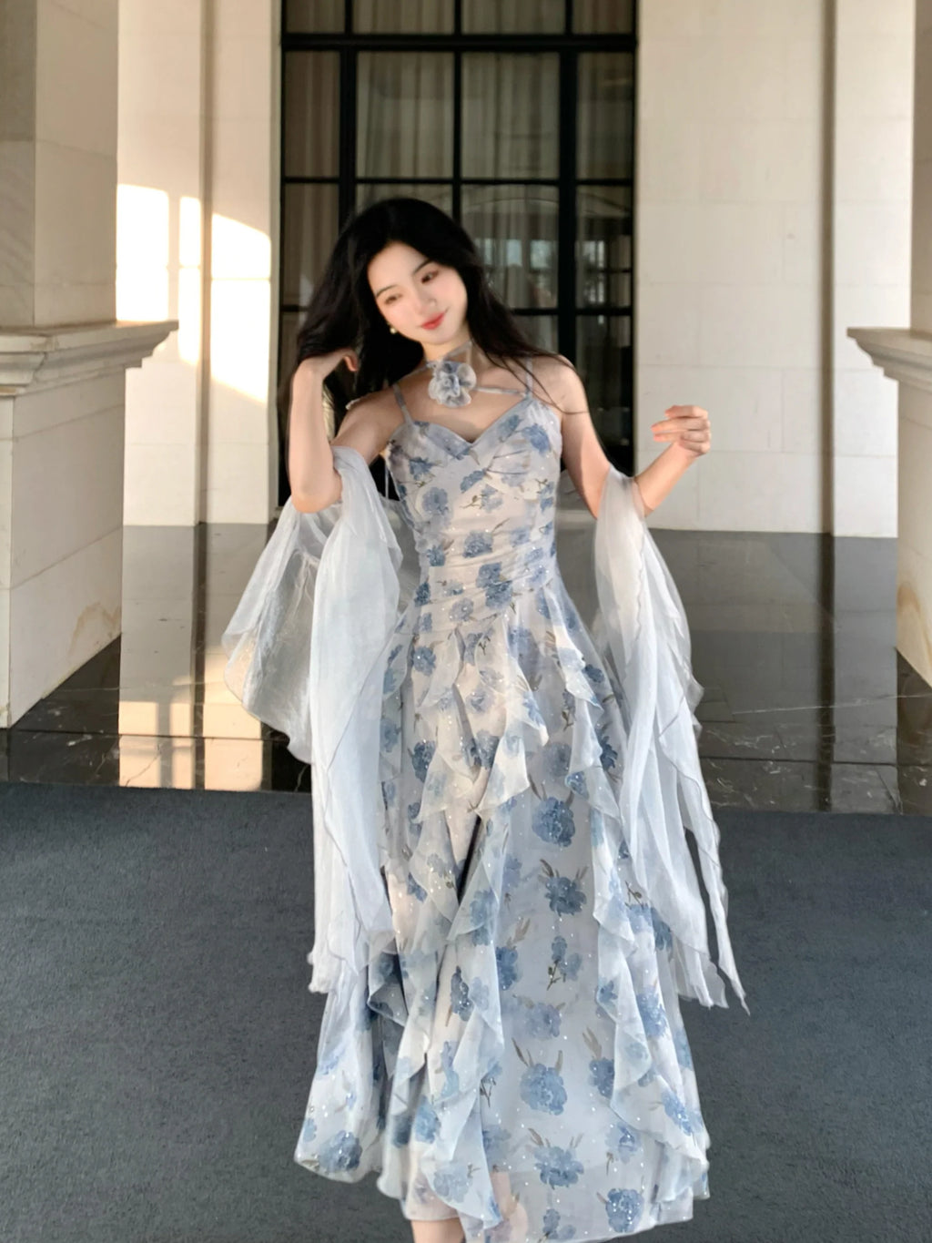 Whimsical Bloom Ruffle Chiffon Dress