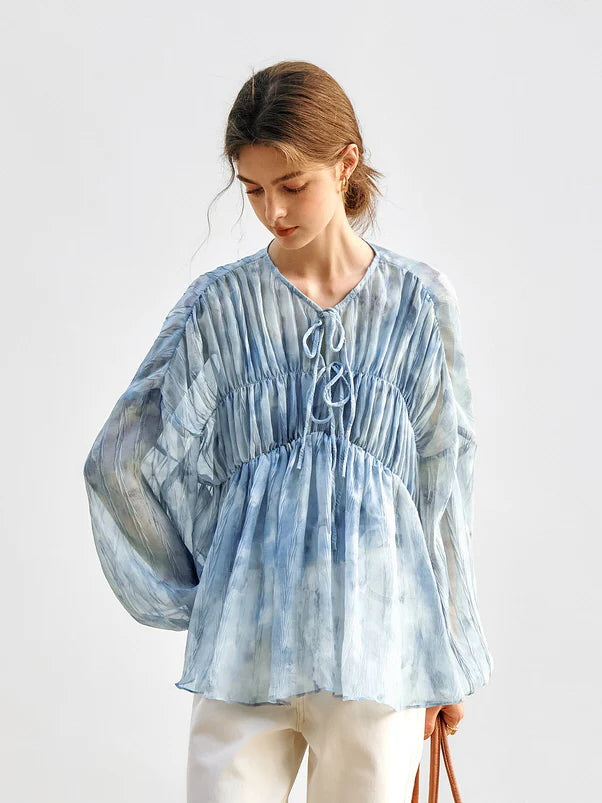 Cloudy Sky Sheer Pleated Blouse