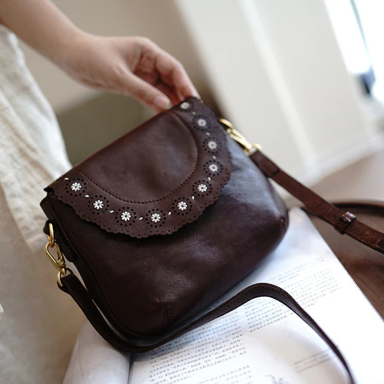 Petite Scalloped Flap Genuine Leather Crossbody Bag
