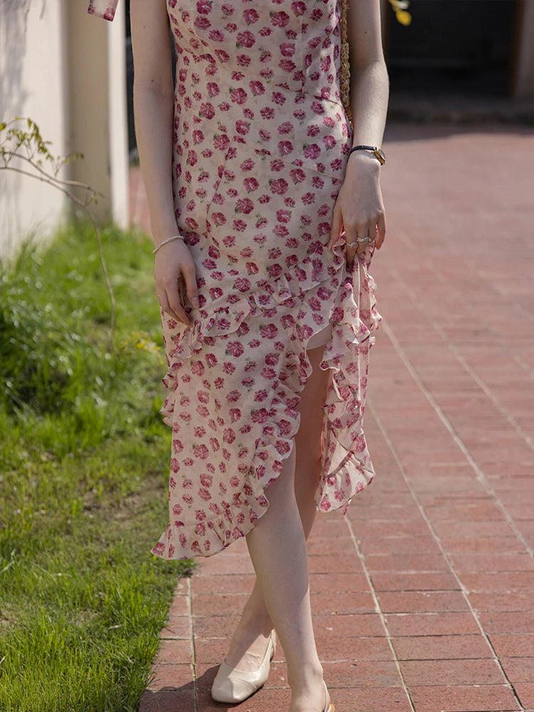 Romantic Rose Garden Ruffled Wrap Dress