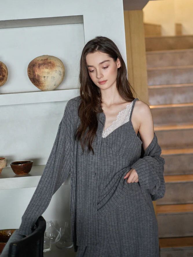 Gray Lace Trim Ribbed Pajama Set