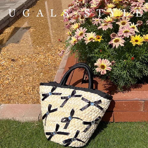 Summer Vacation Straw Ribbon Tote Bag