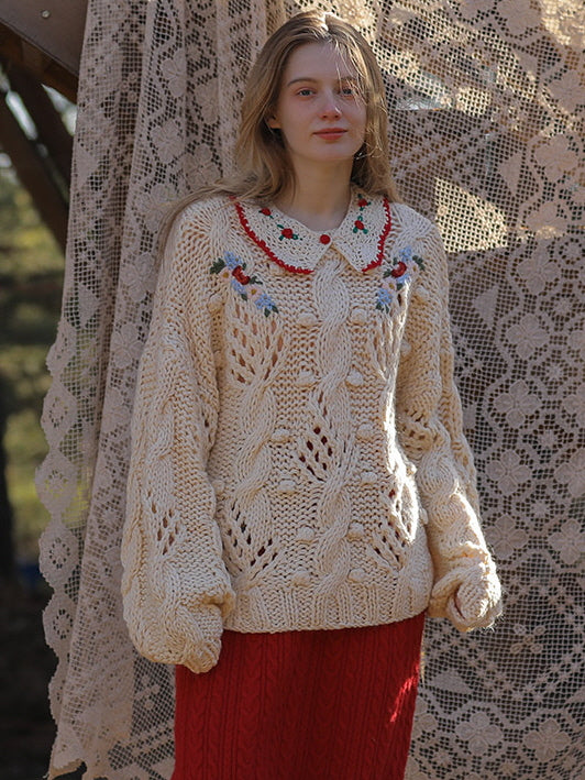 Floral Collared Cozy Knit Sweater