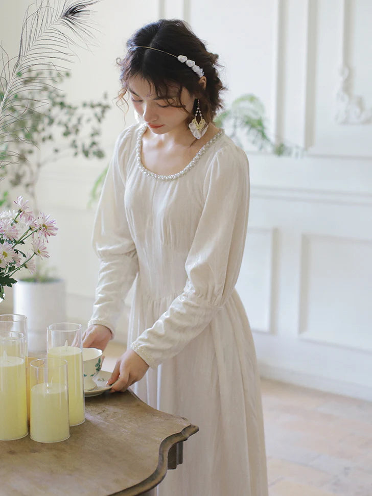 Elegant Pearl-Trimmed Ivory Long Dress