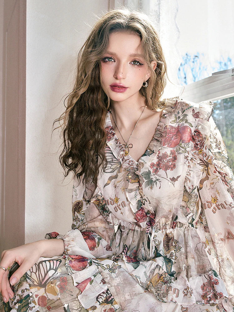 Ethereal Garden Ruffle Chiffon Dress