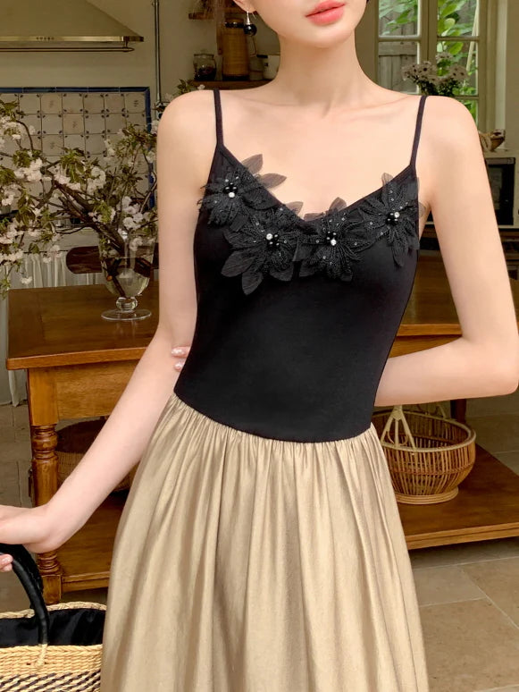Black Blossom Bodice Two-Tone Dress