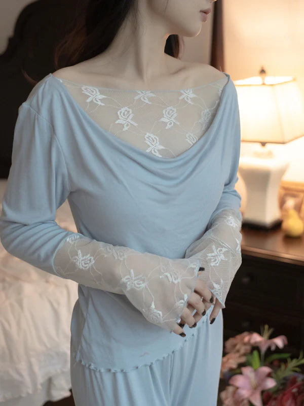 Blue Drape Rose Lace Loungewear