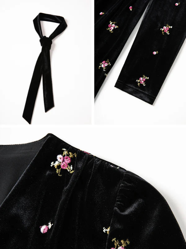 Vintage Velvet Floral Embroidered Dress