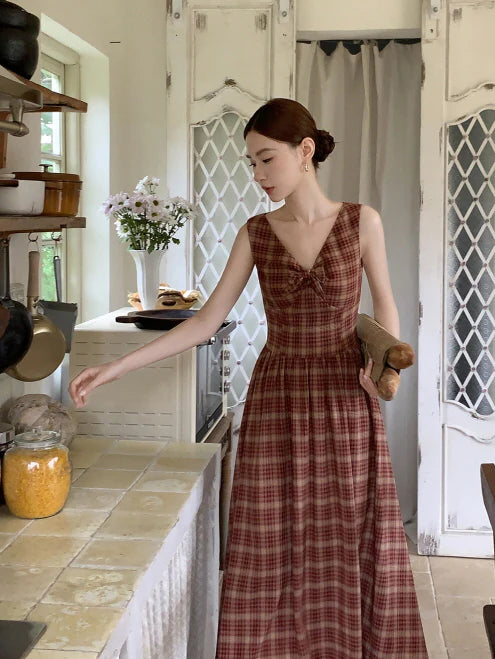 Summer Red Plaid Ribbon Dress