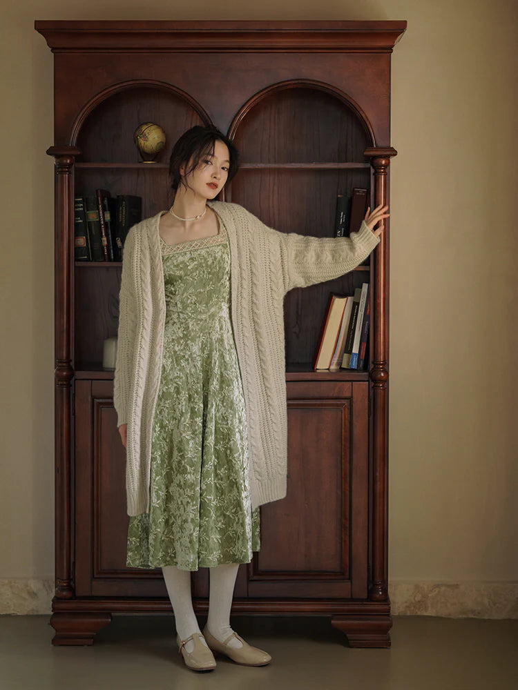 Vintage Green Velvet Embroidered Dress