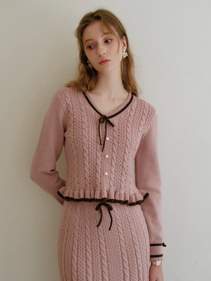 Ribbon Trim Ruffle Knit Cardigan