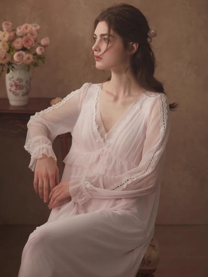Ethereal Lace Trim Long Sleeve Nightgown