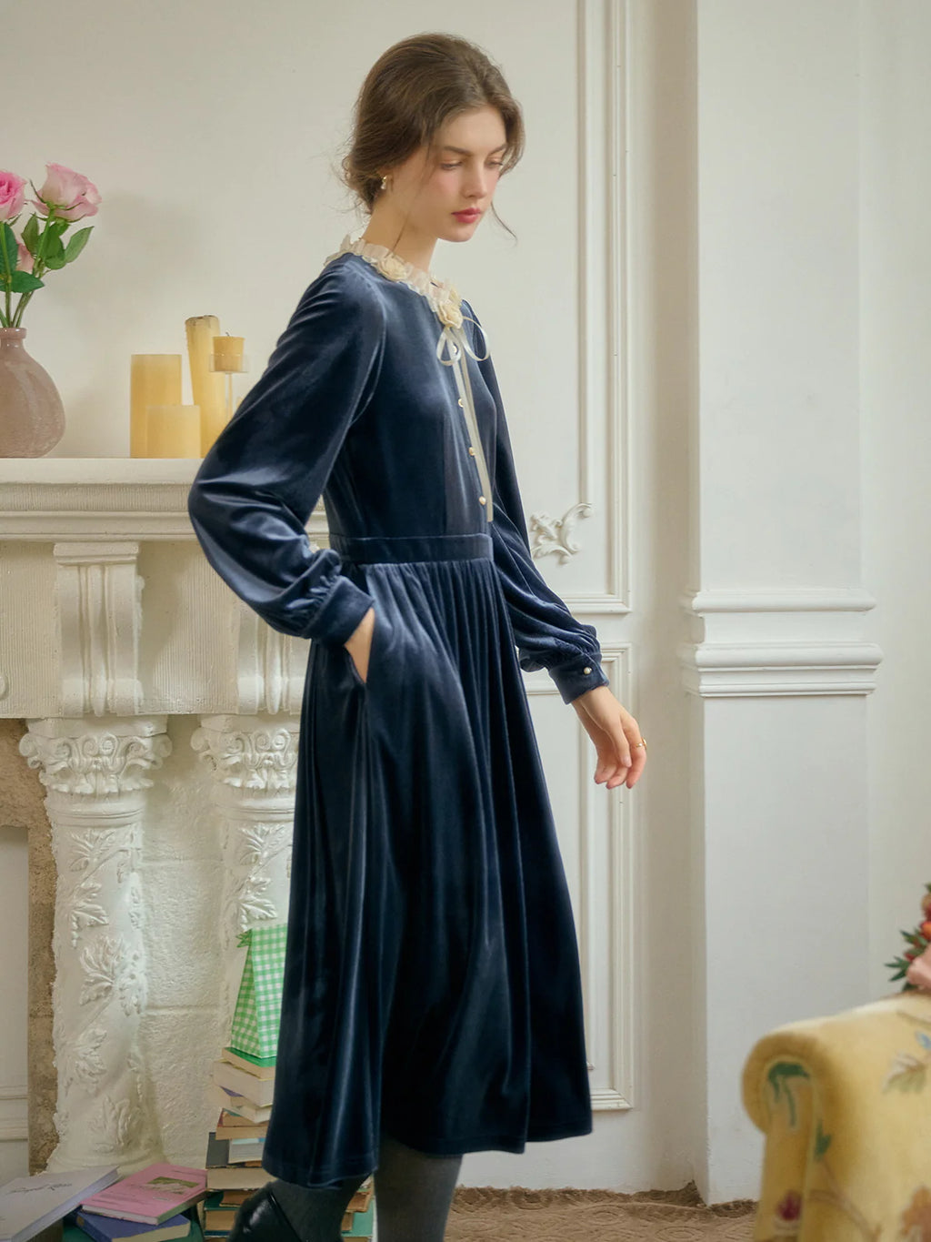 Velvet Rose Collar Blue Dress