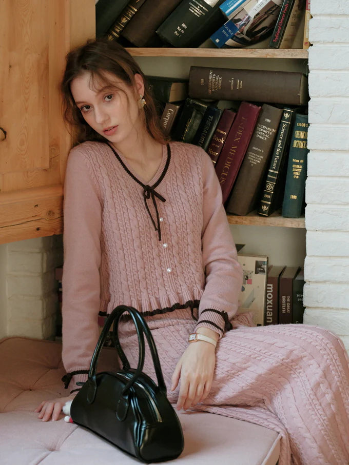 Ribbon Trim Ruffle Knit Cardigan