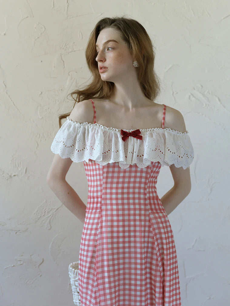 Red Gingham Off-Shoulder Frill Dress