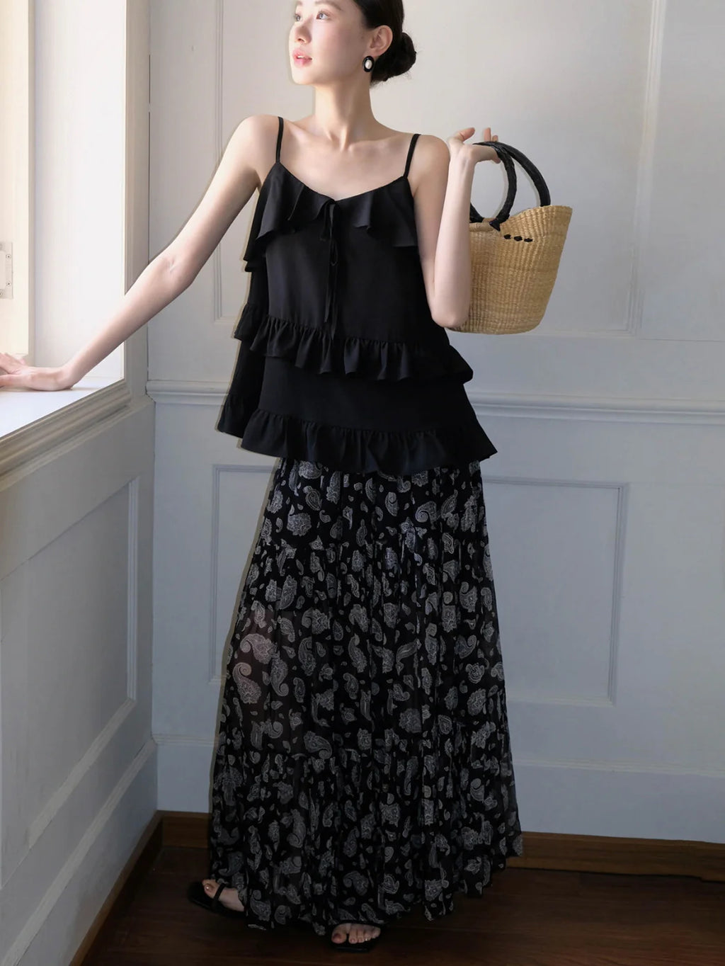 Black Ruffle Camisole & Paisley Maxi Skirt