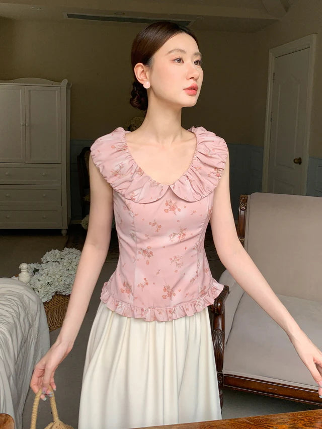 Rose Petal Ruffle Collar Floral Blouse