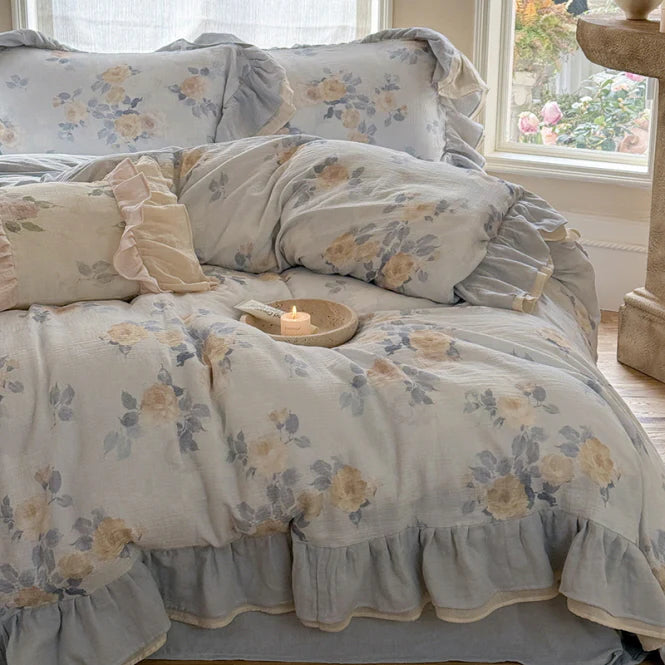 Dusty Blue Rose Print Ruffle Bedding Set