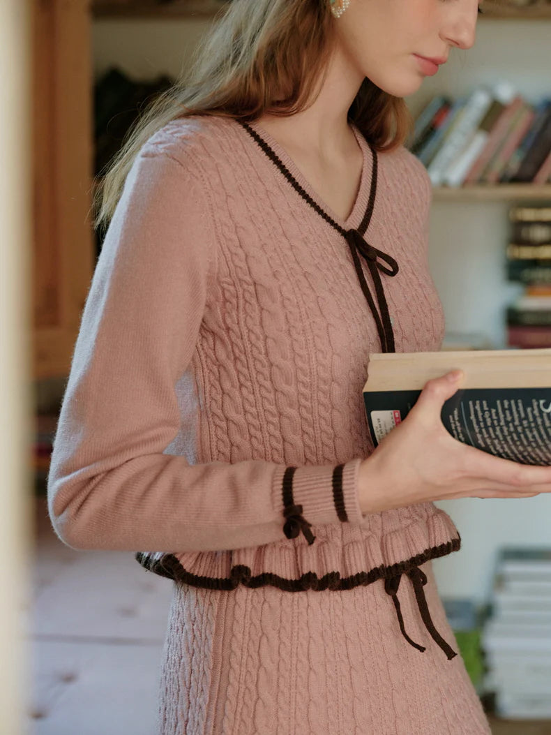 Ribbon Trim Ruffle Knit Cardigan