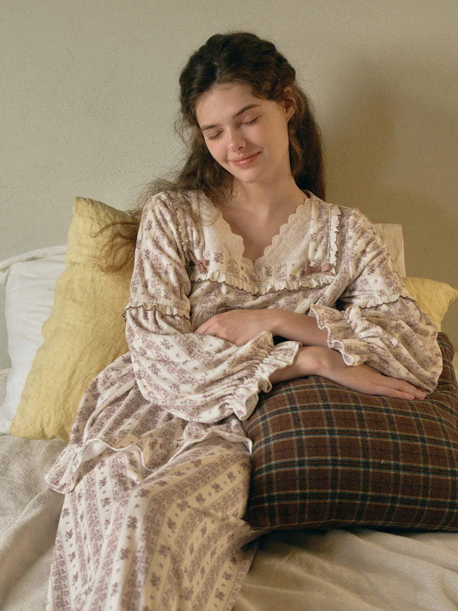 Brown Ribbon Lace Flannel Pajama Set