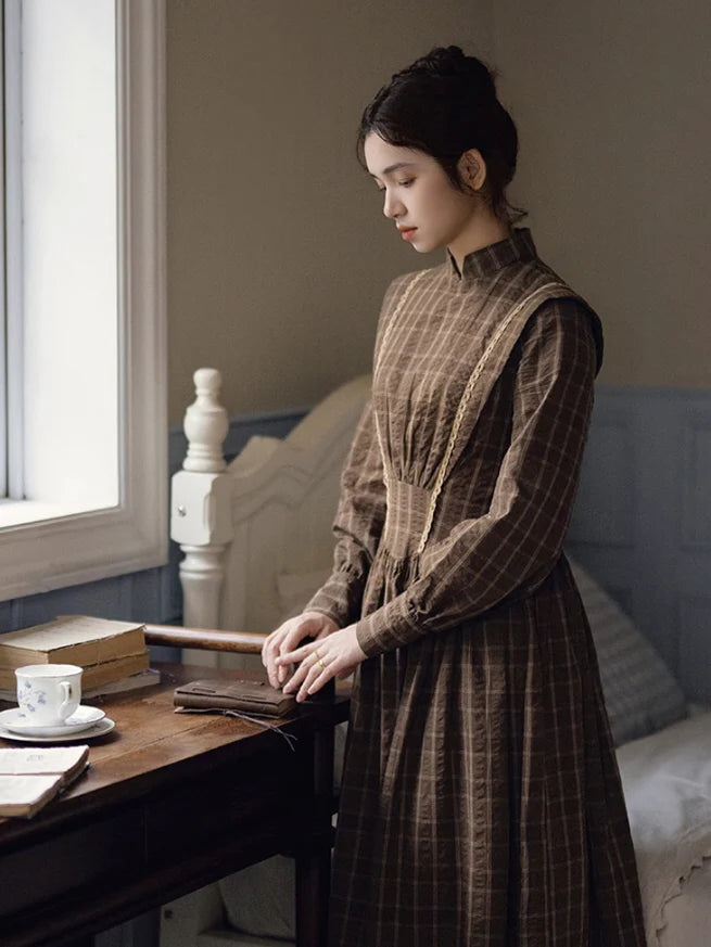 Victorian Plaid High-Neck Lace Trim Dress