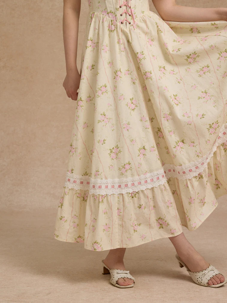 Vintage Rose Garden Lace-Up Off-Shoulder Dress