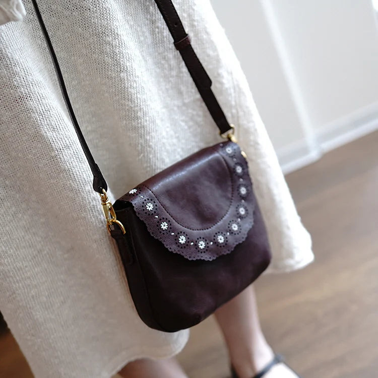 Petite Scalloped Flap Genuine Leather Crossbody Bag