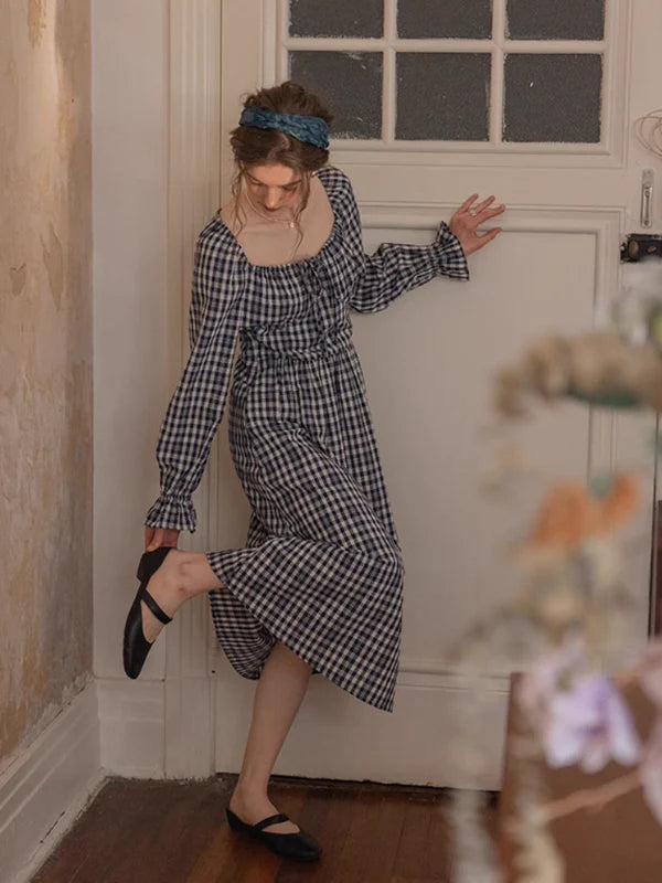 Classic Checkered Ribbon-Strap Dress
