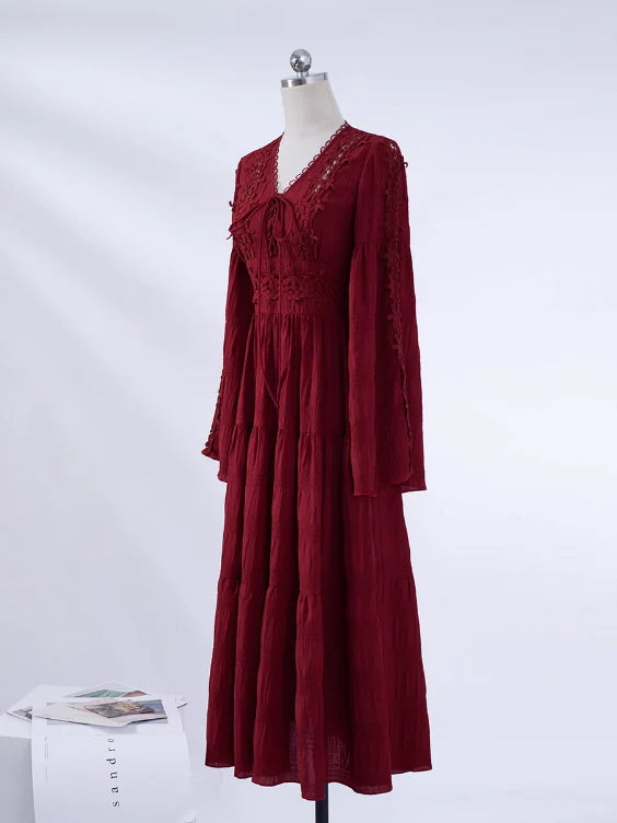 Ruby Elegance Lace-Up Maxi Dress