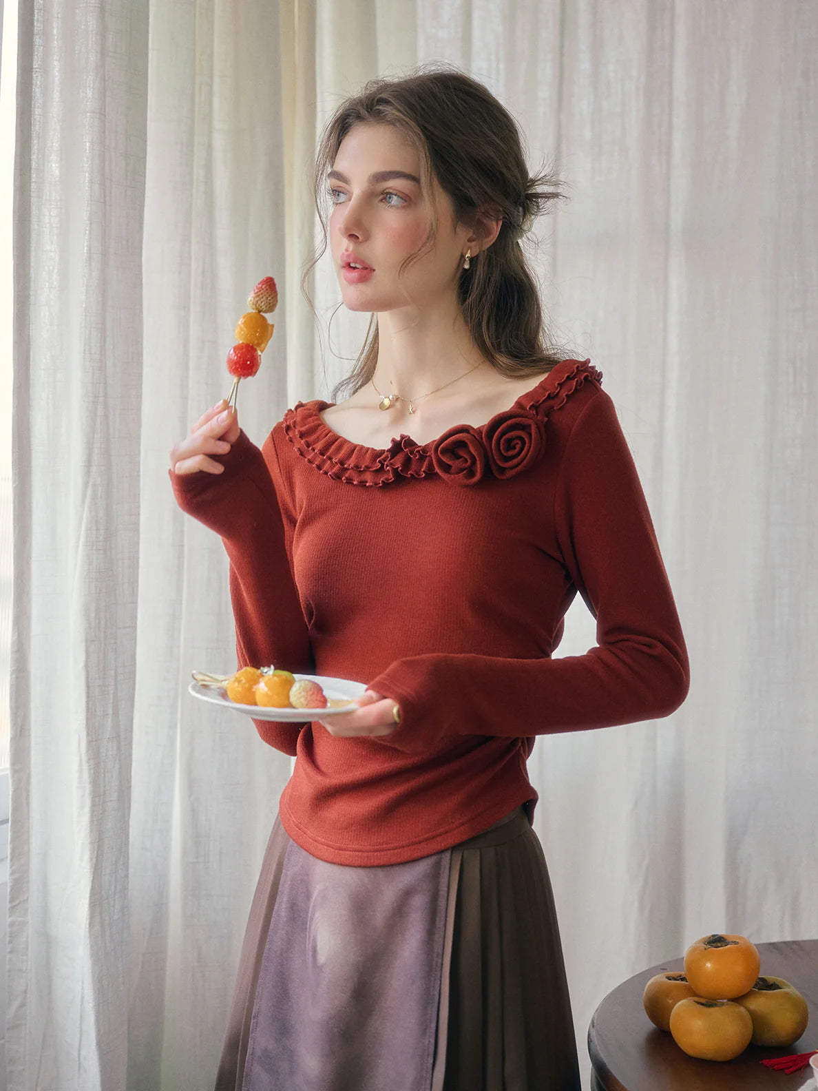 Rosette Ruffle Knit Top