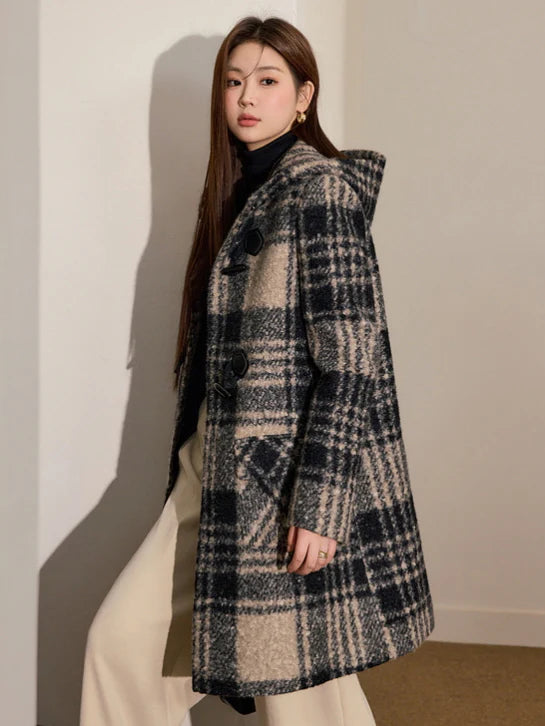 Checkered Hooded Toggle Coat