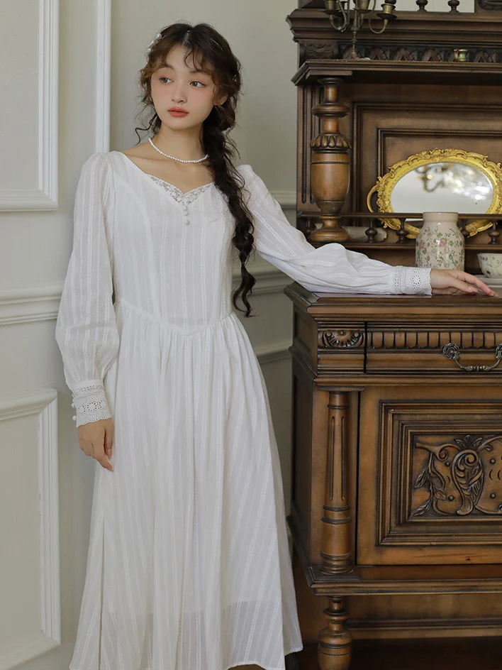 Victorian Elegance Long White Lace Dress