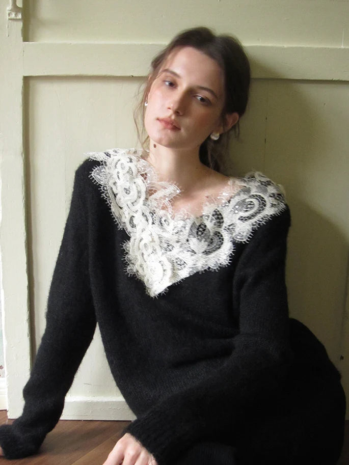 Lace Trim Cozy Wool Blend Sweater