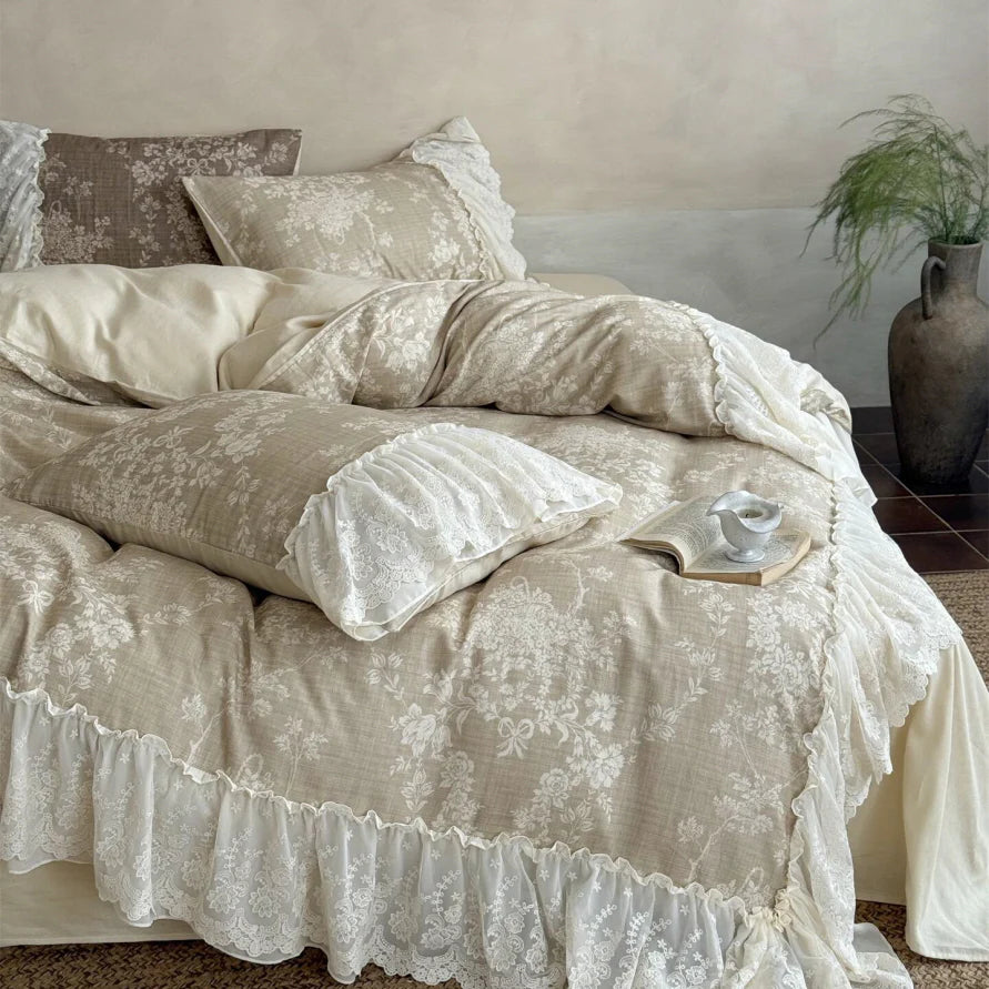 Beige Floral Lace Ruffle Bedding Set